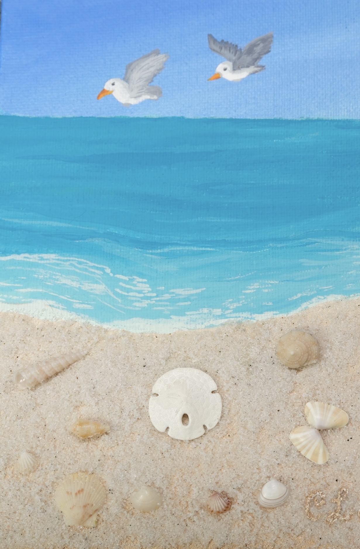 Beach scene painting of two seagulls with seashells